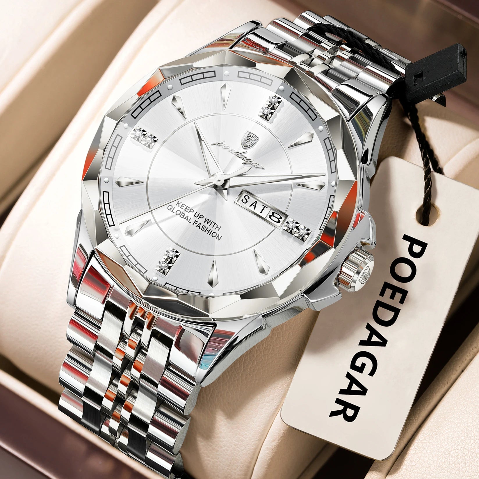 POEDAGAR Luxury Fashion Man Clock Top Business Waterproof Luminous Date Week Men's Watches Quartz Stainless Steel Men Wristwatch