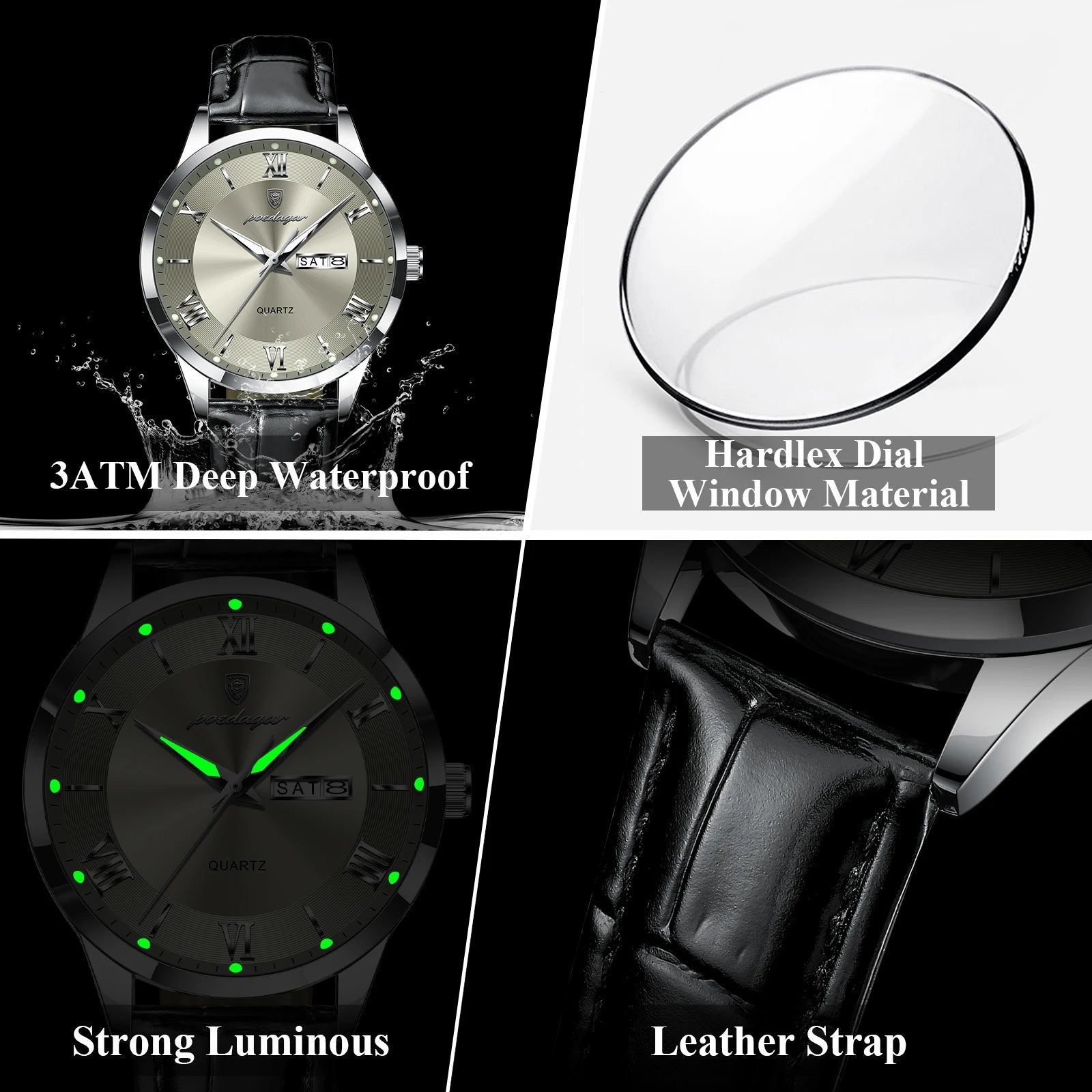 POEDAGAR Top Luxury Watch For Men Military Waterproof Luminous Date Week Man Wristwatch Leather Men's Quartz Watches Sport Reloj